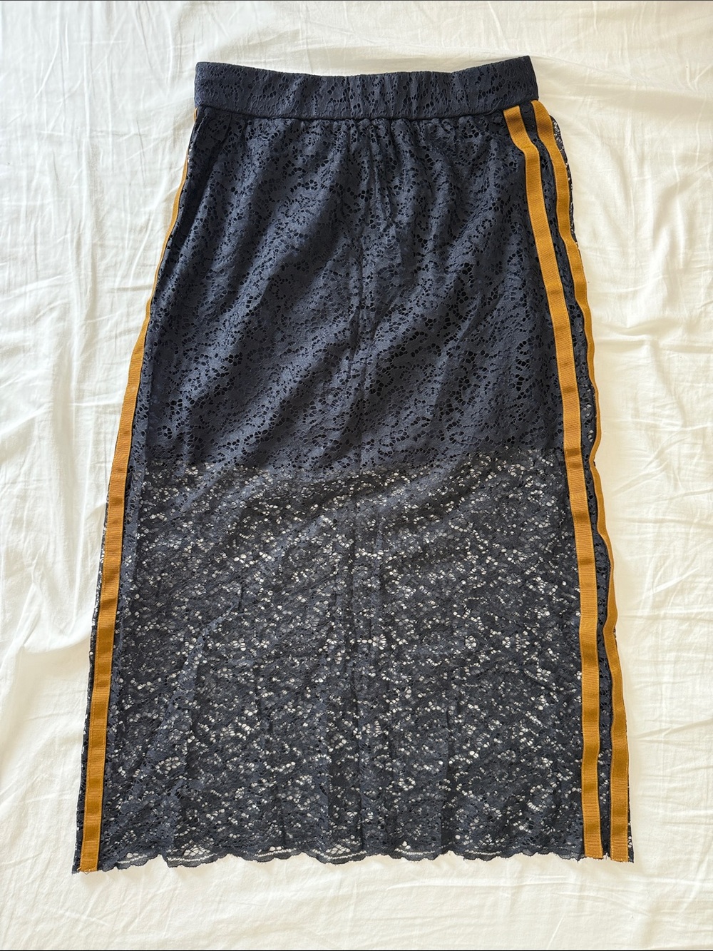 Zara Navy Lace Midi Skirt with Mustard Side Stripes